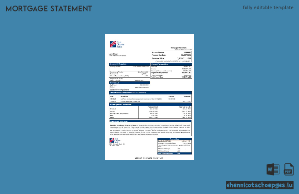 USA Texas First Citizens Bank Hypothekenabrechnung in Word- und PDF-Formaten – Beispielvorschau